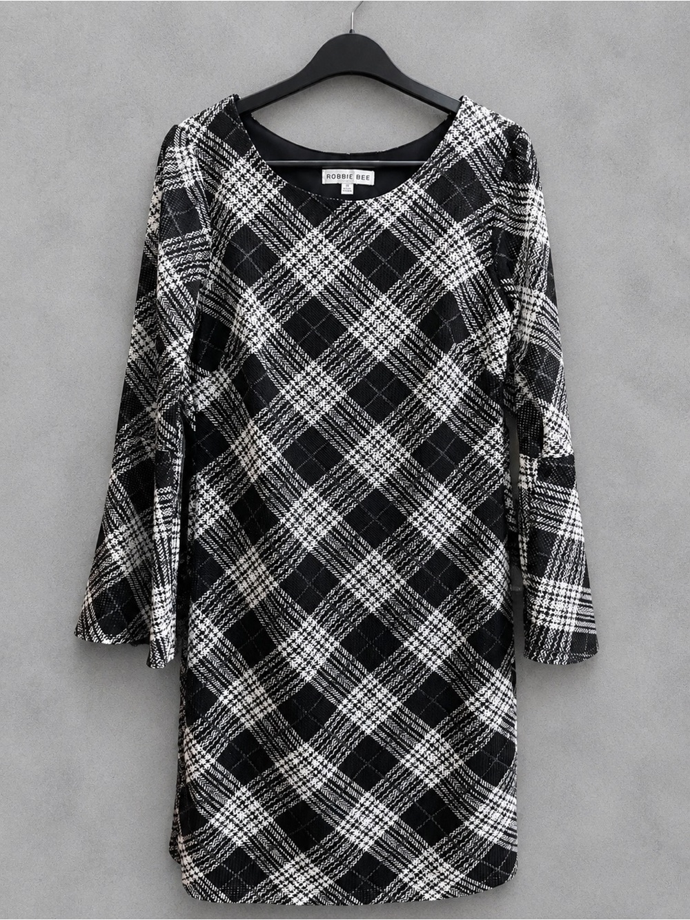 Robbie Bee Black and White Plaid Shift Mini Dress Bell Sleeve